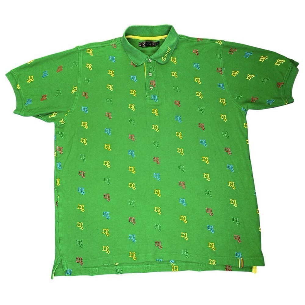 Vintage COOGI Sz XL Polo Shirt Y2K 90s Retro Embroidered Logo All Over Green